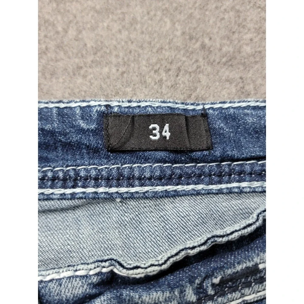 Affliction Men's 34 Ace Straight Jeans Blue Distressed Embroidered Premium Denim - Picture 6 of 12